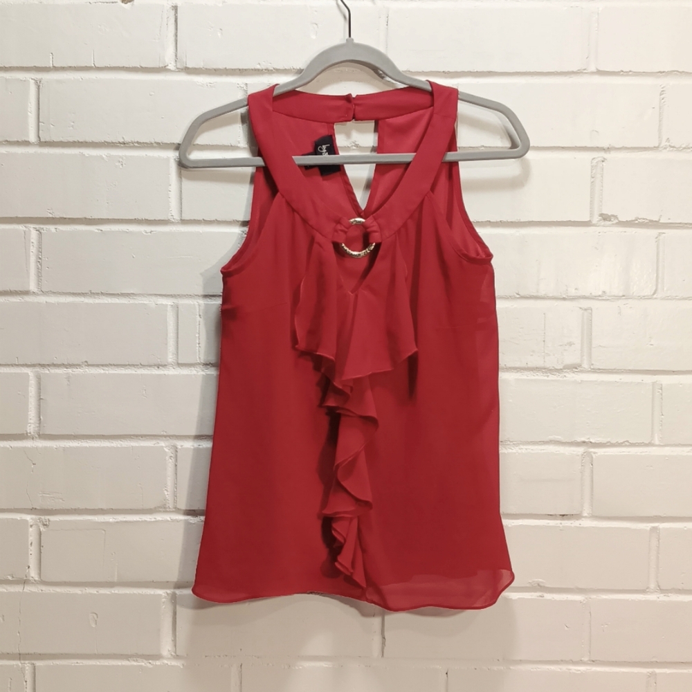 By & By Red Sleeveless Ruffle Front Womens Blouse Small Sheer, Lined, V-Neck EUC